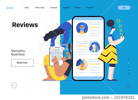 Memphis business illustration. Reviews -modern flat vector concept illustration of people rating articles and writing reviews. Corporate business reputation metaphor. 101978381