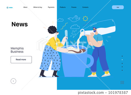 Memphis business illustration. News -modern flat vector concept illustration of people preparing coffee with milk. Corporate business morning news metaphor. 101978387