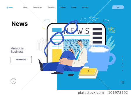 Memphis business illustration. News -modern flat vector concept illustration of a man reading news on various medium and tablet screen, glasses, coffee. Corporate business morning news metaphor. 101978392