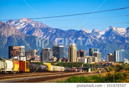 Skyline of Salt Lake City downtown in Utah with Wasatch Range Mountains Skyline of Salt Lake City downtown in Utah with Wasatch Range Mountains 101978507
