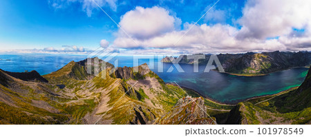 Aerial panorama of the Husfjellet Mountain on Senja Island in northern Norway 101978549