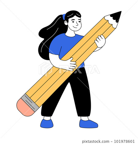 Woman standing with huge pencil Woman standing with huge pencil 101978601