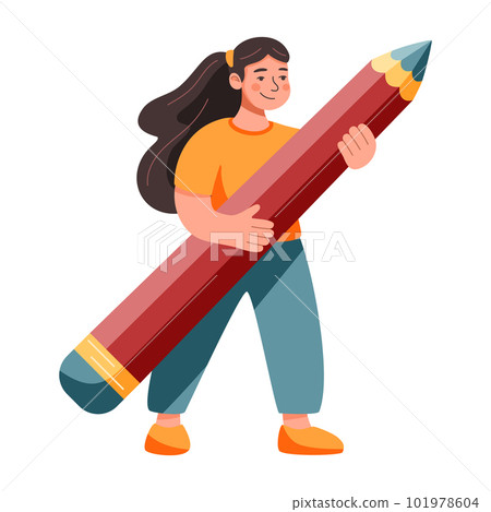Woman standing with huge pencil Woman standing with huge pencil 101978604
