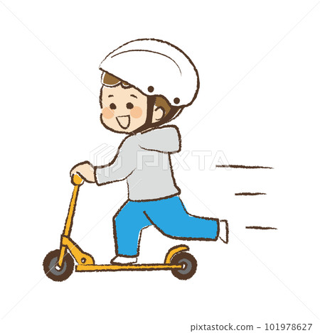 A boy wearing a helmet and riding a kickboard A boy wearing a helmet and riding a kickboard 101978627