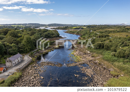 Aerial view of the bridge over Lackagh river close to Doe Castle by Creeslough in County Donegal, Republic of Ireland Aerial view of the bridge over Lackagh river close to Doe Castle by Creeslough in County Donegal, Republic of Ireland 101979522
