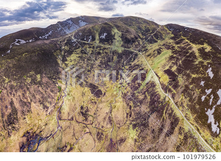 Aerial view of the Pilgrims Path up to the Slieve League cliffs in County Donegal, Ireland 101979526
