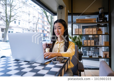 Focused female freelancer working on the computer in a cafe 101980103
