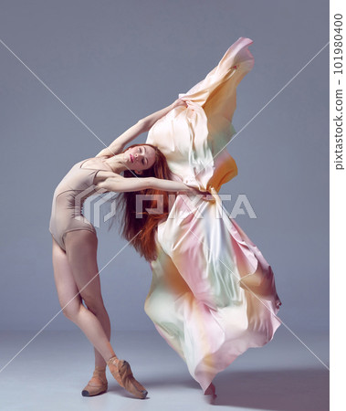One graceful ballerina wearing rainbow dress dancing graceful movement on grey studio background. Solo performance One graceful ballerina wearing rainbow dress dancing graceful movement on grey studio background. Solo performance 101980400