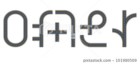 Asphalt roads markings. City roads and crossroads, twists and traffic circles, highway city map flat vector illustration set 101980509