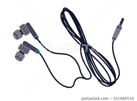 Audio wired earphones. Music listening in-ear electronic device. Flat cartoon vector Illustration on white background 101980510