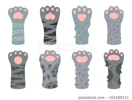 Cats paws. Fluffy cat paw, spotted and striped domestic animals feet. Kitty cat paws flat vector illustration set isolated on white background 101980511