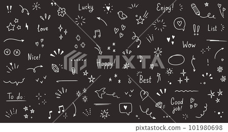 Doodle cute glitter pen line elements chalkboard. Doodle heart, arrow, star, sparkle decoration symbol set icon. Simple sketch line style emphasis, attention, pattern elements. Vector 101980698