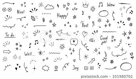 Doodle cute glitter pen line elements. Doodle heart, arrow, star, sparkle decoration symbol set icon. Simple sketch line style emphasis, attention, pattern elements. Vector 101980702