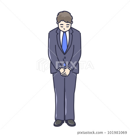 Illustration of a man in a suit bowing Full body salute 101981069