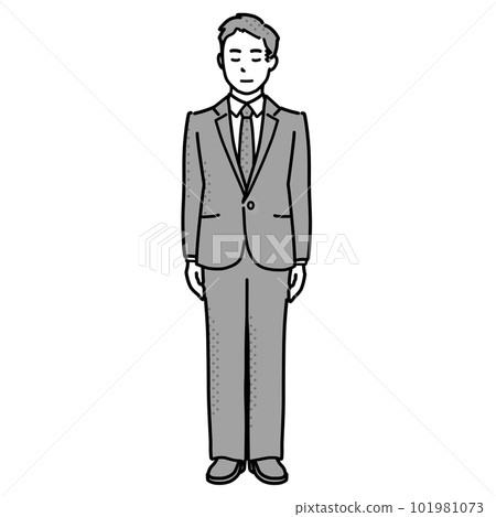 一個穿著西裝的男人低著眼睛靜靜地站著,全身插圖單色 一個穿著西裝的男人低著眼睛靜靜地站著,全身插圖單色 101981073