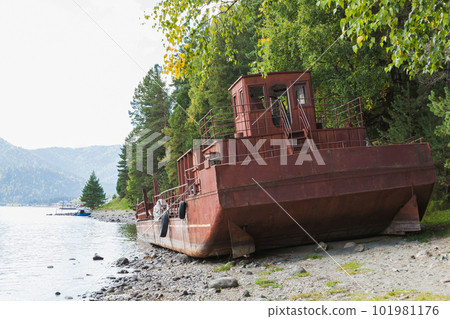 Abandoned rusy barge lays on the coast of Teletskoye lake Abandoned rusy barge lays on the coast of Teletskoye lake 101981176