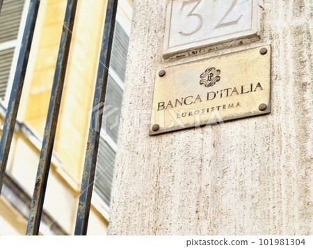 Rome, Italy - May 17, 2022: Plaque of the head office of the nation's central bank, the Banca d'Italia 101981304