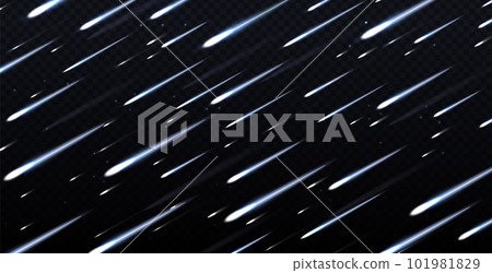 Realistic blue light effect of meteor rain in sky. Glowing comets with flame trails isolated on transparent background. Fireballs falling with glowing trails. 101981829
