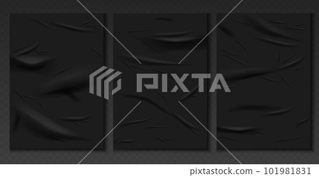 Realistic set of black glued wall posters. Glued posters, old adhesive texture mockup. Blank sheets creased effect. Blank pages with wrinkles, realistic 3d set Realistic set of black glued wall posters. Glued posters, old adhesive texture mockup. Blank sheets creased effect. Blank pages with wrinkles, realistic 3d set 101981831