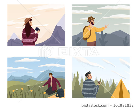 Set of people look into future vector flat illustration. People travel in nature, looking at sky horizons, clouds, stars set. Outdoor summer adventures Set of people look into future vector flat illustration. People travel in nature, looking at sky horizons, clouds, stars set. Outdoor summer adventures 101981832