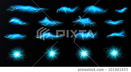 Lightning, electric thunderbolt strike of blue color during night storm, impact, crack, magical energy flash. Vector illustration, isolated thunderbolt flare on black background. Neon burst Lightning, electric thunderbolt strike of blue color during night storm, impact, crack, magical energy flash. Vector illustration, isolated thunderbolt flare on black background. Neon burst 101981833