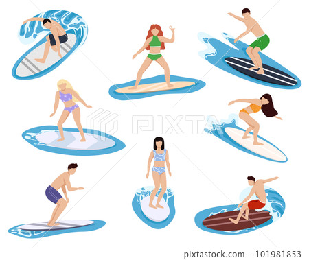 Surfers characters. People on boards dissect sea and ocean waves, beach sport, extreme athletes. Collection of cute funny people in swimwear surfing in sea or ocean. 101981853