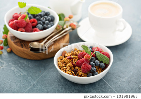 Granola and berries with coffee Granola and berries with coffee 101981963