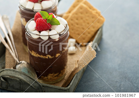 Smores chocolate pudding in a jar 101981967