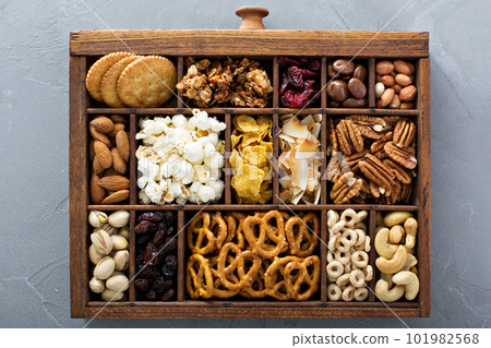 Variety of healthy snacks overhead shot Variety of healthy snacks overhead shot 101982568
