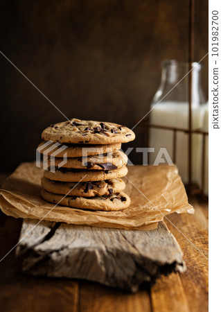 Homemade chocolate chip cookies with milk Homemade chocolate chip cookies with milk 101982700