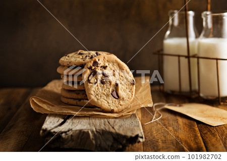 Homemade chocolate chip cookies with milk 101982702