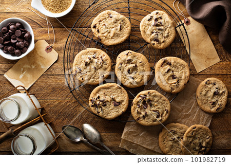 Homemade chocolate chip cookies with milk Homemade chocolate chip cookies with milk 101982719