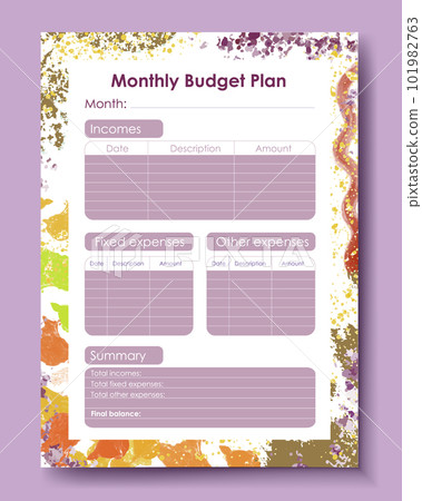 Vector planner pages templates. Budget planner template. Daily, weekly, monthly, project, budjet and meal planners. Vector illustration 101982763