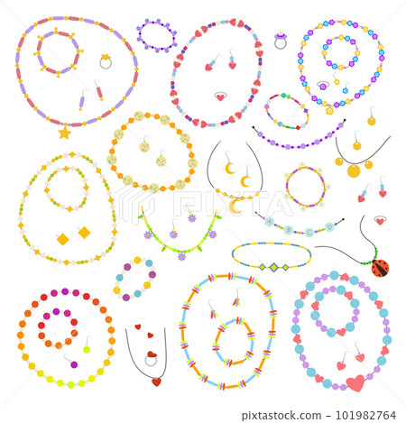 Kids necklace. Hand made groovy child beads bracelet pendant cartoon style. Collection of cartoon drawings of bracelets from colorful beads with letters for children 101982764