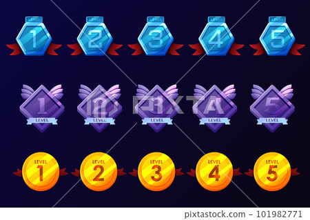 Game badges with level number. Level results vector icon design for the game, UI, banner, design for app, interface, game development Game badges with level number. Level results vector icon design for the game, UI, banner, design for app, interface, game development 101982771