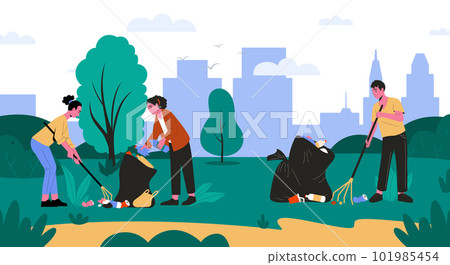 Volunteers cleaning up parks, pick up rubbish. Illustration of rubbish in park, garbage and trash, environment cleaning and volunteering Volunteers cleaning up parks, pick up rubbish. Illustration of rubbish in park, garbage and trash, environment cleaning and volunteering 101985454