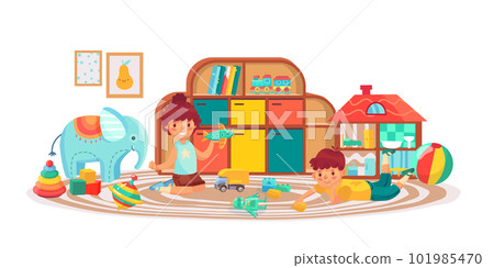 Kids in playing room with toys, boy and girl Kids in playing room with toys, boy and girl 101985470