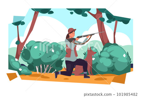 Hunter character. Cartoon female with hunting dog pointing weapon Hunter character. Cartoon female with hunting dog pointing weapon 101985482