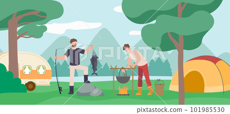Fishermen cook their catch a bonfire. Travel, fishing season, adventure, hobbies, outdoor activities 101985530