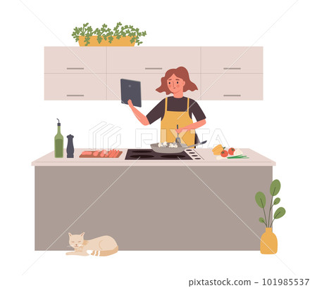 Cooking blogger. Cartoon person prepare food and streaming, trendy culinary vlogger making content and teaching Cooking blogger. Cartoon person prepare food and streaming, trendy culinary vlogger making content and teaching 101985537