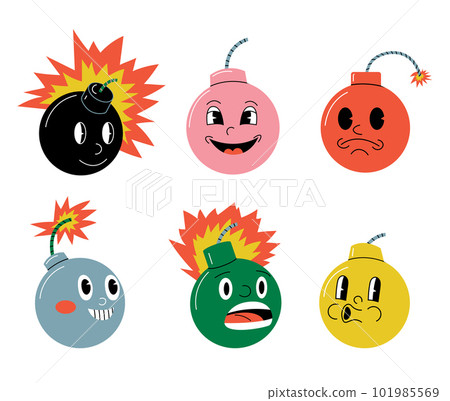 Bomb character. Doodle explosive round weapon mascot with funny retro cartoon faces and expressions 101985569