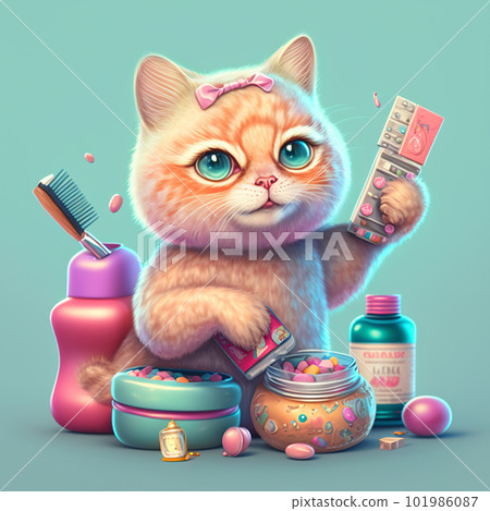 Cute fluffy kitten playing with the makeup. Colorful cosmetics and funny cat. Generated AI. 101986087