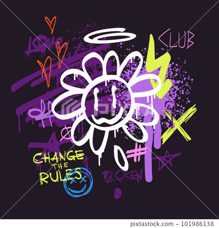Urban typography slogan Change the Rules with spray effect. Groovy Street art graffiti print with hearts and funny happy daisy for t shirt or sweatshirt. Abstract graphic underground unisex design Urban typography slogan Change the Rules with spray effect. Groovy Street art graffiti print with hearts and funny happy daisy for t shirt or sweatshirt. Abstract graphic underground unisex design 101986138