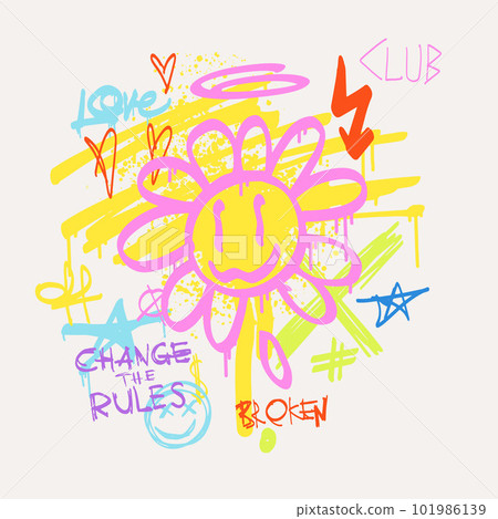 Urban typography slogan Change the Rules with spray effect. Groovy Street art graffiti print with hearts and funny happy daisy for t shirt or sweatshirt. Abstract graphic underground unisex design Urban typography slogan Change the Rules with spray effect. Groovy Street art graffiti print with hearts and funny happy daisy for t shirt or sweatshirt. Abstract graphic underground unisex design 101986139