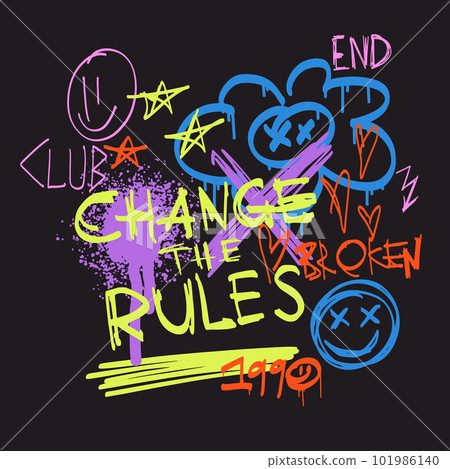 Urban typography slogan Change the Rules with spray effect. Street art graffiti print for t shirt or sweatshirt. Abstract graphic underground unisex design in bright neon colors Urban typography slogan Change the Rules with spray effect. Street art graffiti print for t shirt or sweatshirt. Abstract graphic underground unisex design in bright neon colors 101986140