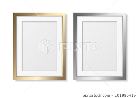Vector 3d Realistic Gray and Yellow Metal, Silver and Golden Color Decorative Vintage Frame Set, Border Icon Closeup Isolated. A4, A5 Vertical Photo Frame Design Template for Picture, Border Design 101986419