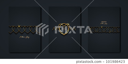 Happy Mothers day vector set greeting card. Gold Mom heart on black background. Golden holiday poster with text. Concept for mother's day banner, flyer, party invitation, gift shop, vertical templates 101986423
