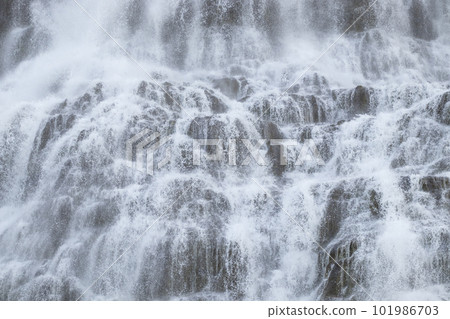 Water Water Texture from Huge Waterfall. Powerful Mountain River Background. Beautiful Pure Nature in Iceland. Dynjandi Waterfall. 101986703