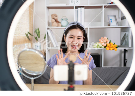 Beautiful women with social media influences recommend products and make-up accessories to be more beautiful, Recording vlog video live streaming, Online business of beauty bloggers. Beautiful women with social media influences recommend products and make-up accessories to be more beautiful, Recording vlog video live streaming, Online business of beauty bloggers. 101986727
