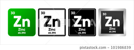 Zinc chemical element with 30 atomic number, atomic mass and electronegativity values. Periodic table concept. Logo in four design. Simple black, realistic and color logo. Vector illustration. 101986839